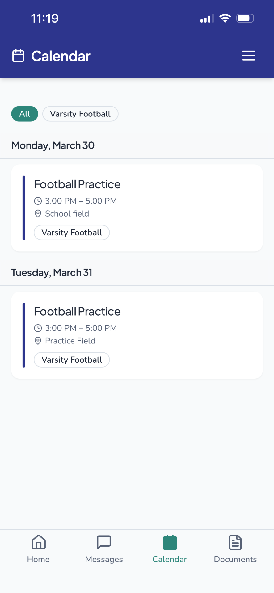 HuddleBoard calendar view showing upcoming football practices with times, locations, and team tags