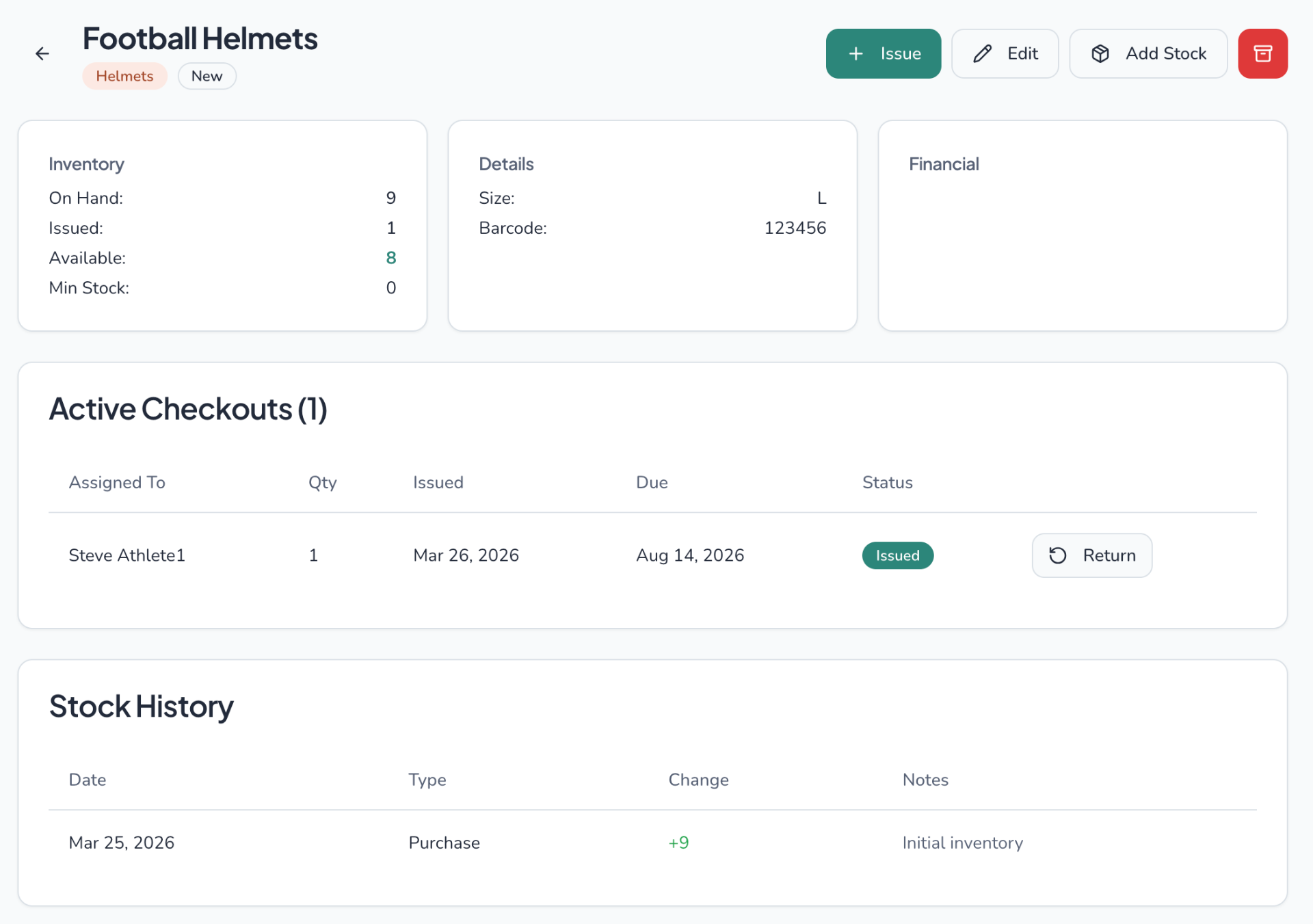 Equipment inventory detail view showing football helmets with stock levels, active checkouts, and stock history