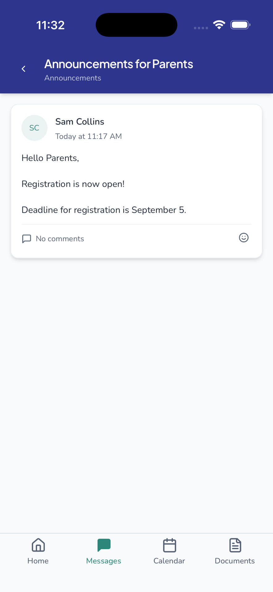 Announcements channel showing a parent notification about registration deadlines