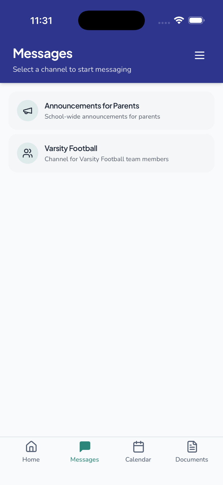 Messages screen showing channel list with Announcements for Parents and Varsity Football channels