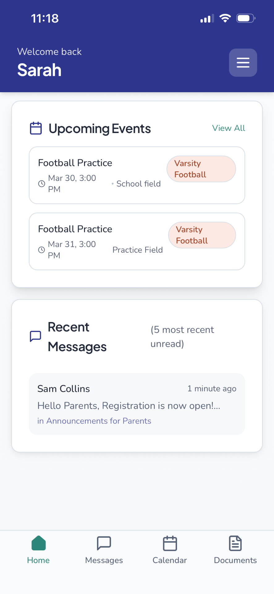 HuddleBoard mobile app showing home screen with upcoming events, recent messages, and bottom navigation for Home, Messages, Calendar, and Documents