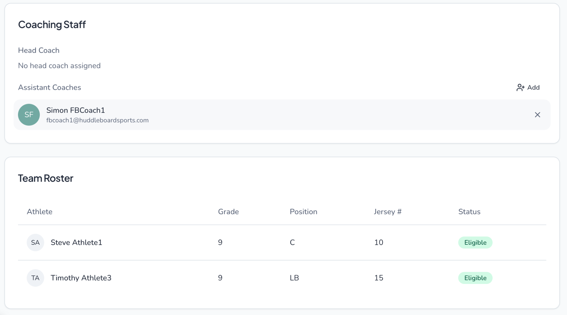 Athletes management interface showing current athletes list with search, filters for teams, grades, and status, and athlete cards with eligibility badges